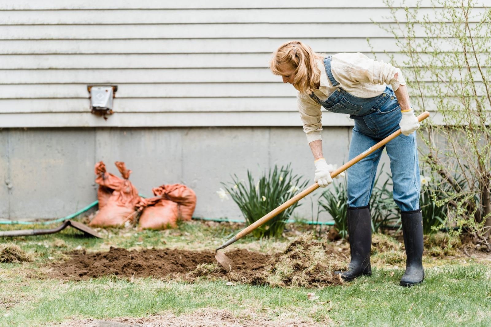 A woman wearing denim overalls gardens in her yard with a hoe