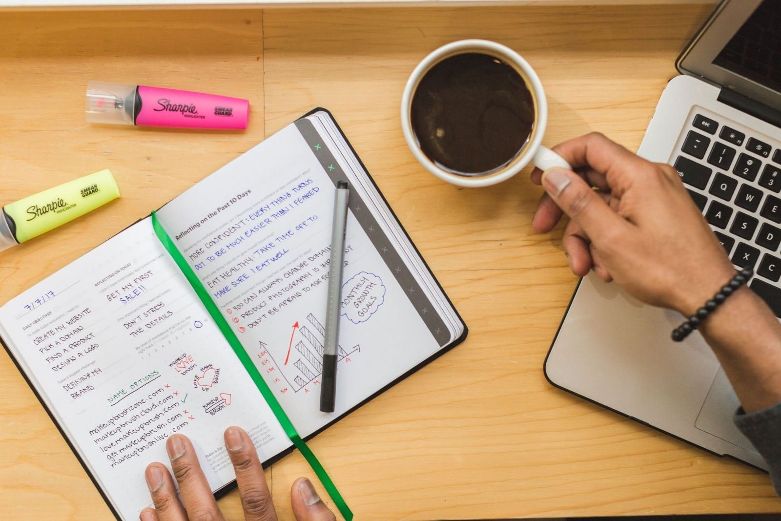 A person's hands at a desk with a notebook, a cup of coffee, and a laptop