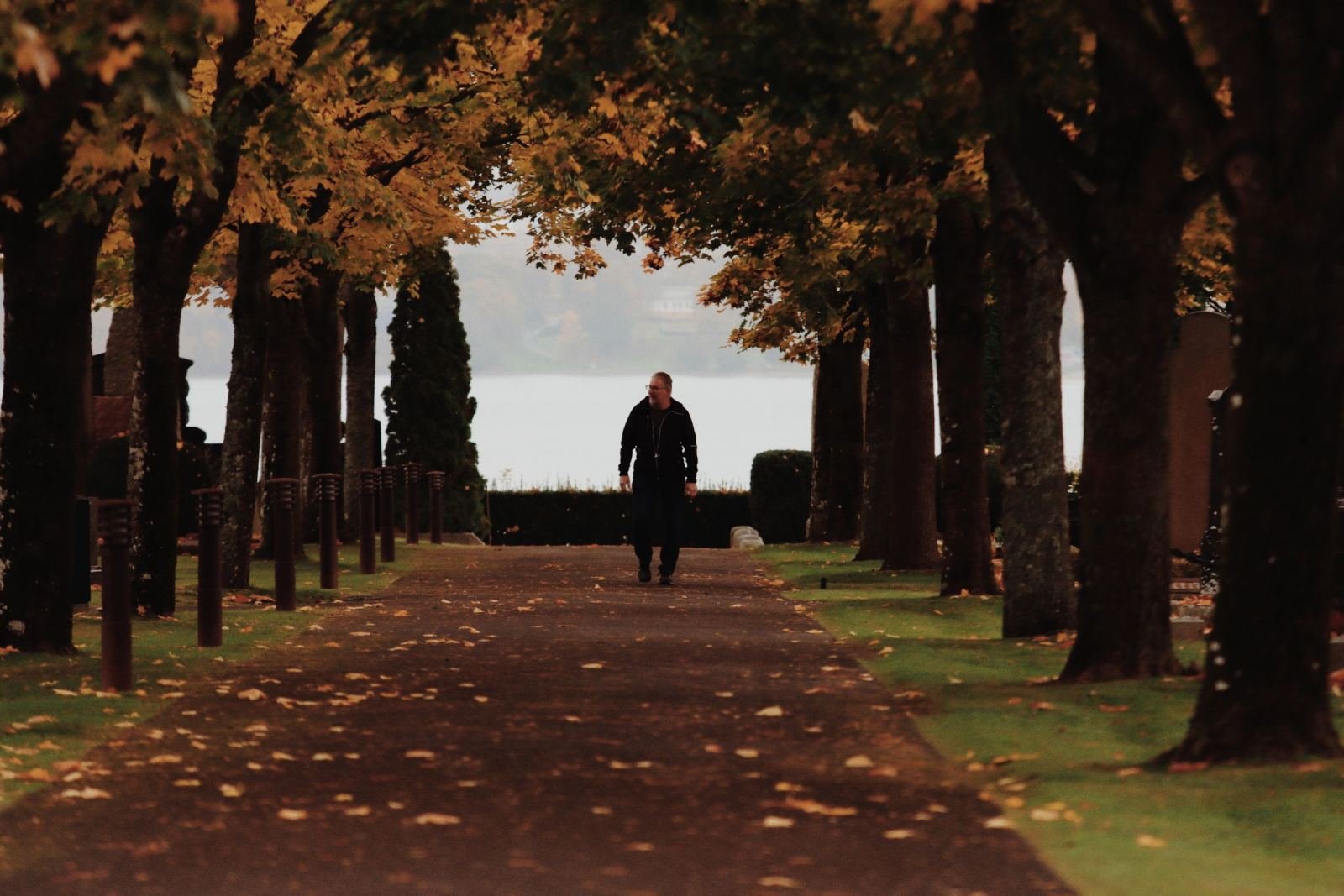 A man walks along a path covered in autumn leaves with water in the distance