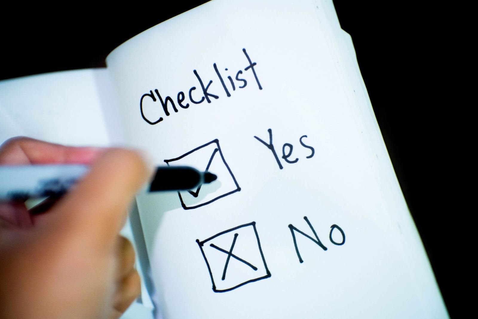 A hand holds a marker and marks the 'Yes' box on a written list.