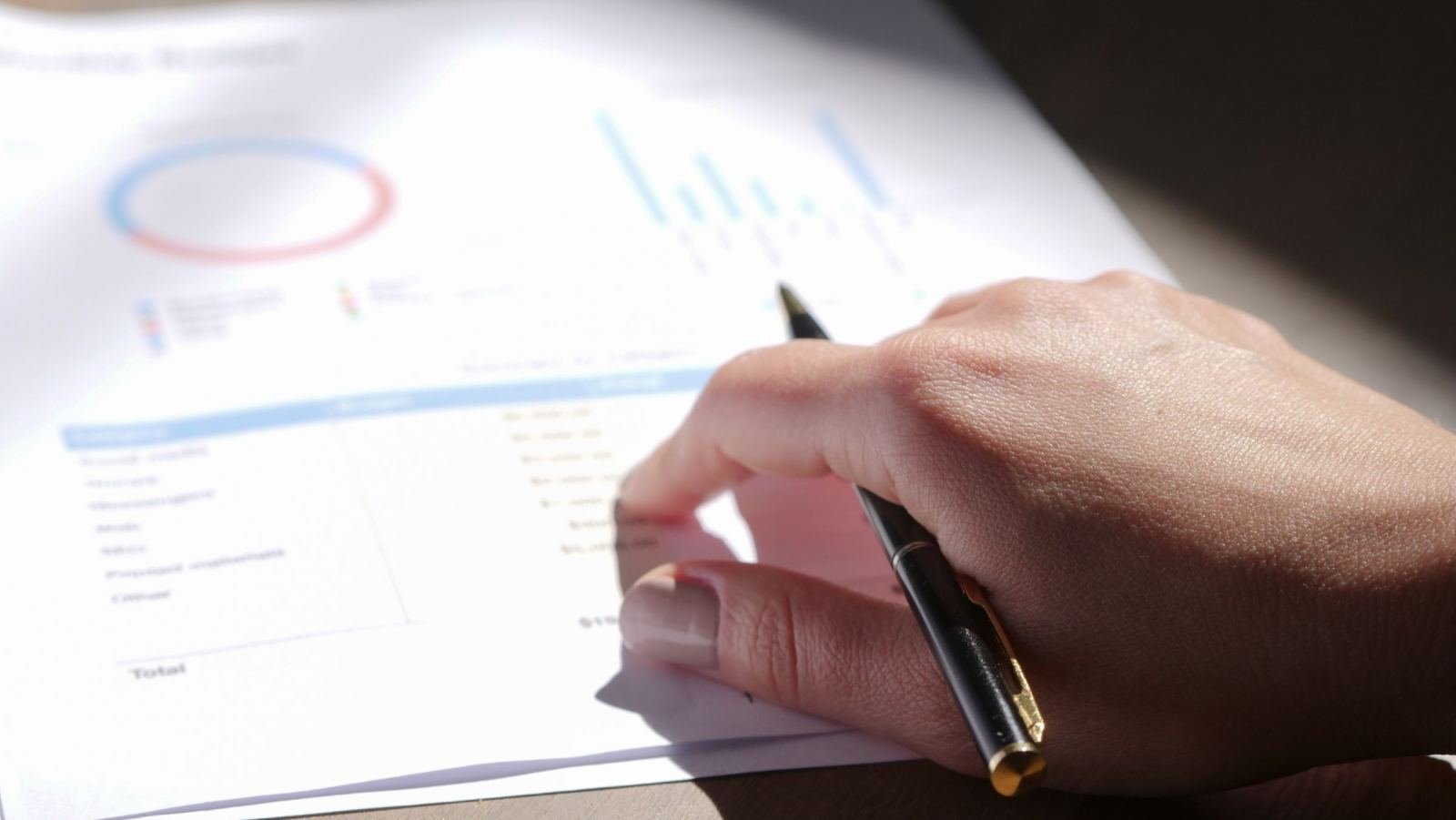 A person points a pen at a list of costs on a printed document with charts