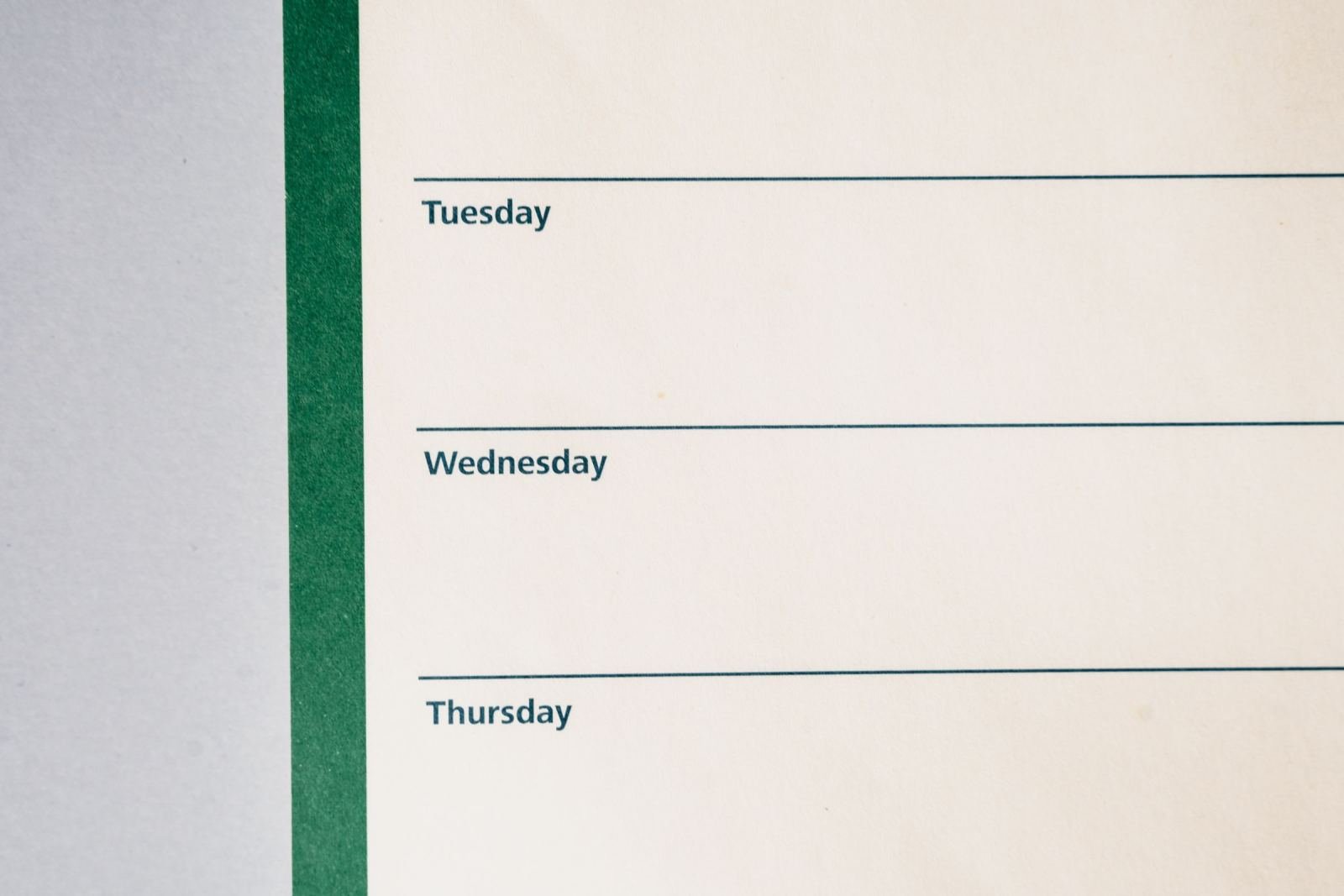 A close-up of a planner page showing Tuesday, Wednesday, and Thursday