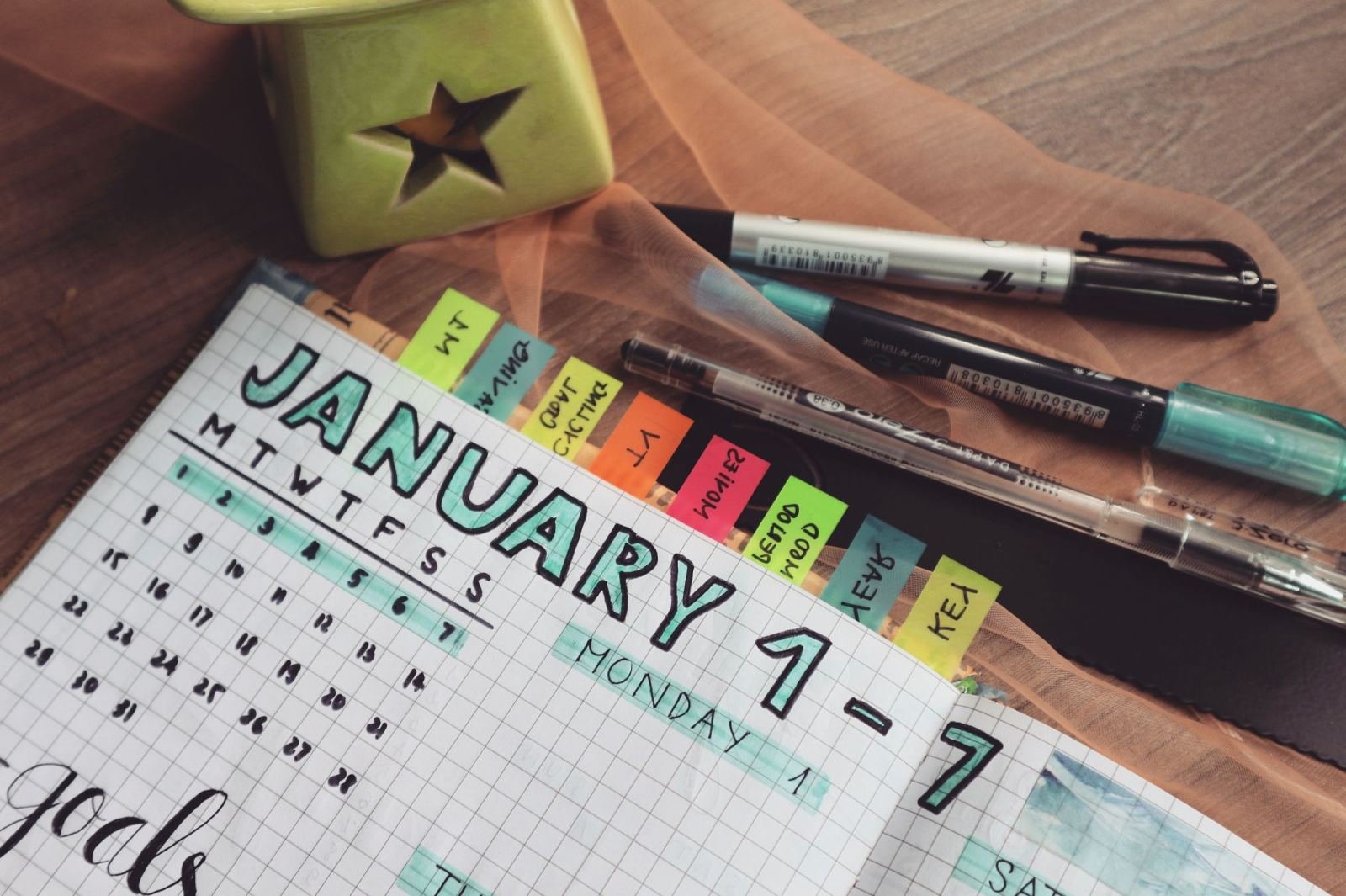 A planner open to January with colorful sticky notes and pens on a wooden desk